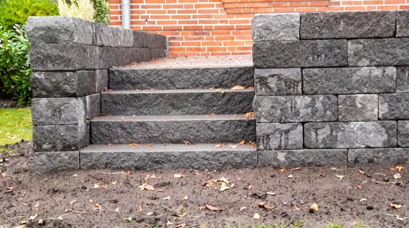 Blockstufen-Treppe aus Naturstein zwischen Trockenmauern – Treppen- und Mauerbau im Kreis Steinburg