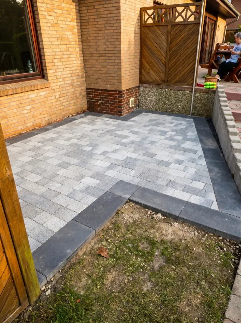 Gepflasterte Terrasse aus Betonstein mit Anthrazit-Randeinfassung – Pflasterarbeiten vom GaLa-Bau Asmussen im Kreis Steinburg