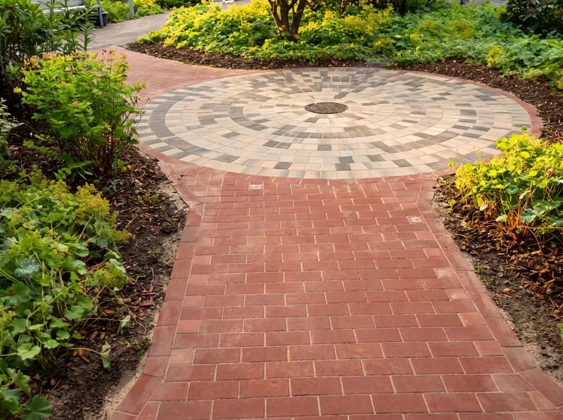 Roter Klinker-Gartenweg mit kreisförmiger Pflasterrosette – Zierpflaster vom GaLa-Bau Asmussen in Hohenlockstedt